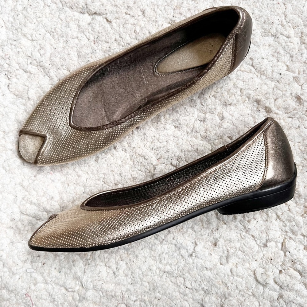 Amalfi: Perforated Metallic Goldish Pewter Slip On Peep Toe Slip On Size 11